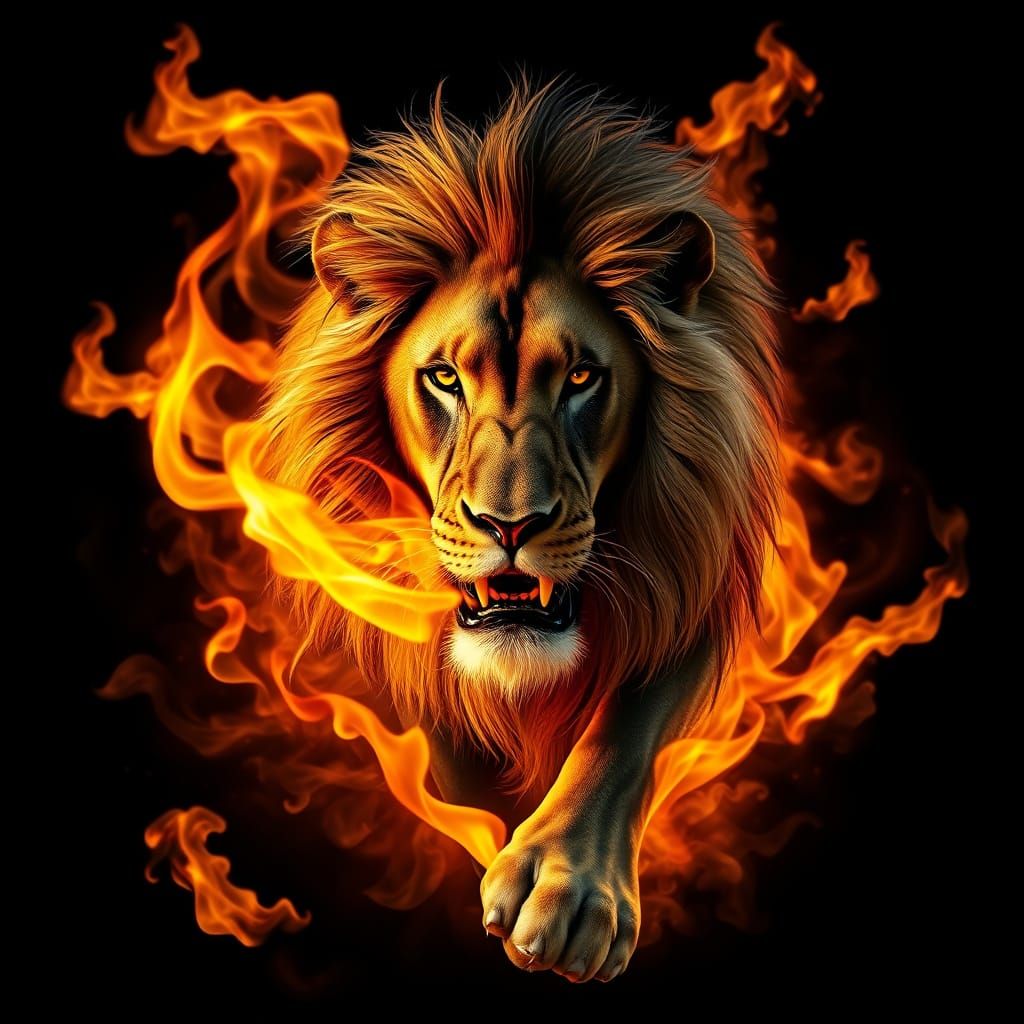 Hyper-Realistic Lion in Fiery Black Background