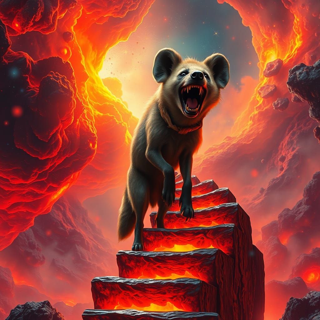 Laughing Hyena Atop Lava Staircase in Sci-Fi Scene