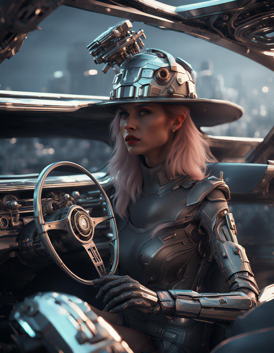 Futuristic Woman in Car with Intricate Mech Details
