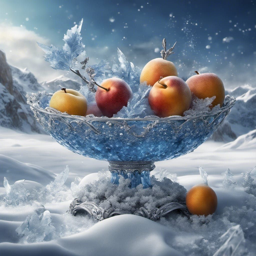 Icy Crystal Fruit Bowl in Snowy Landscape