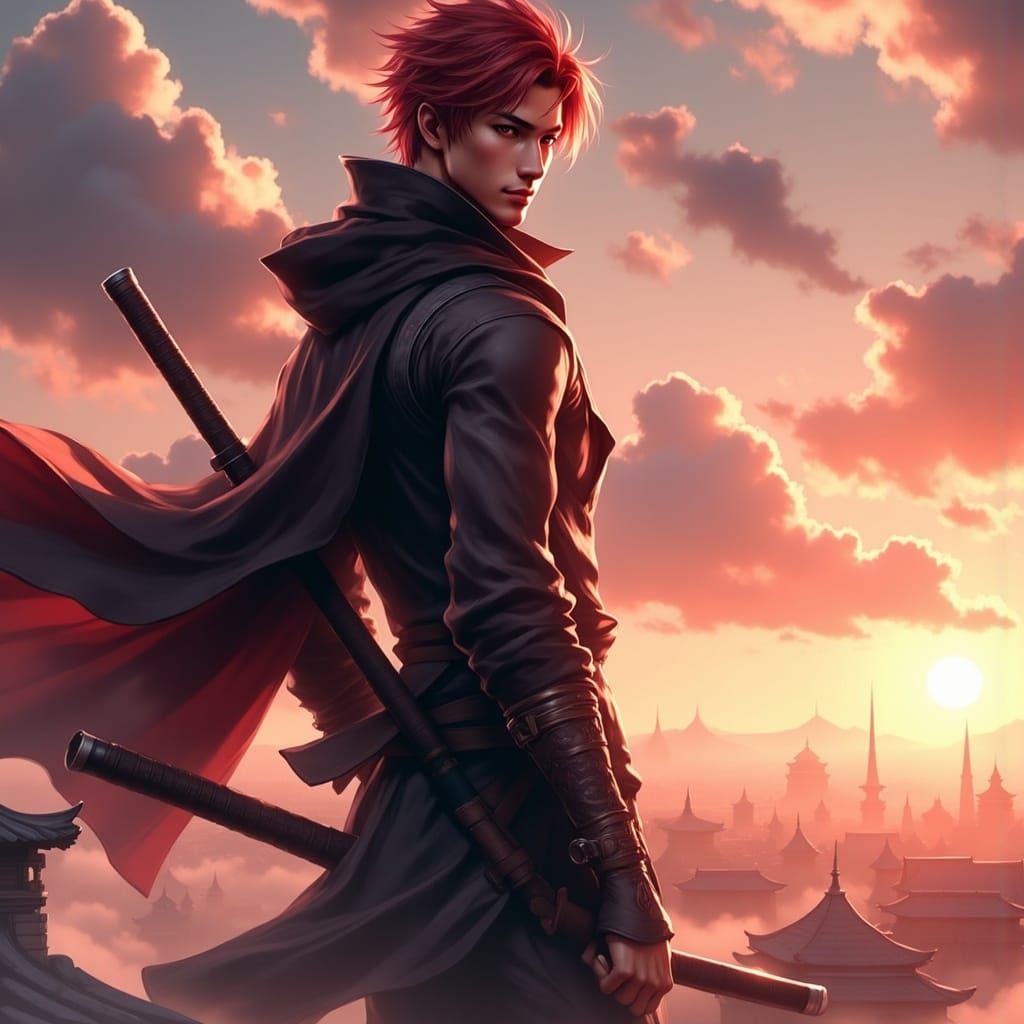 Red-Haired Ninja on Rooftop in 3D Anime Style
