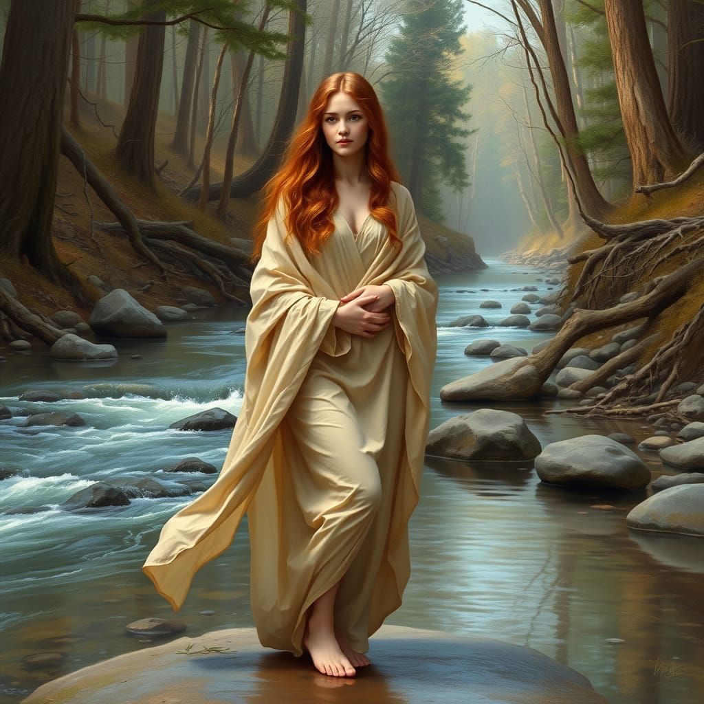 Romantic 19th-Century Woman by River in Earthy Tones