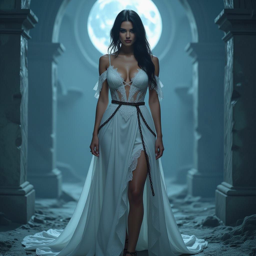 Eerie Gothic Woman in Flowing Gown