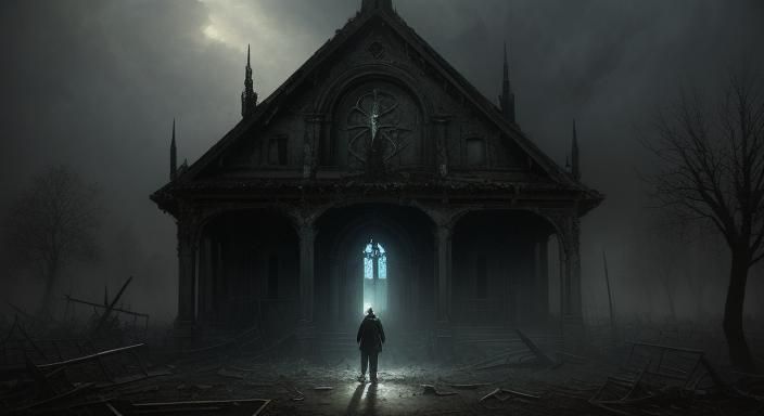 Mad Man Outside Derelict Chapel, Oil Painting