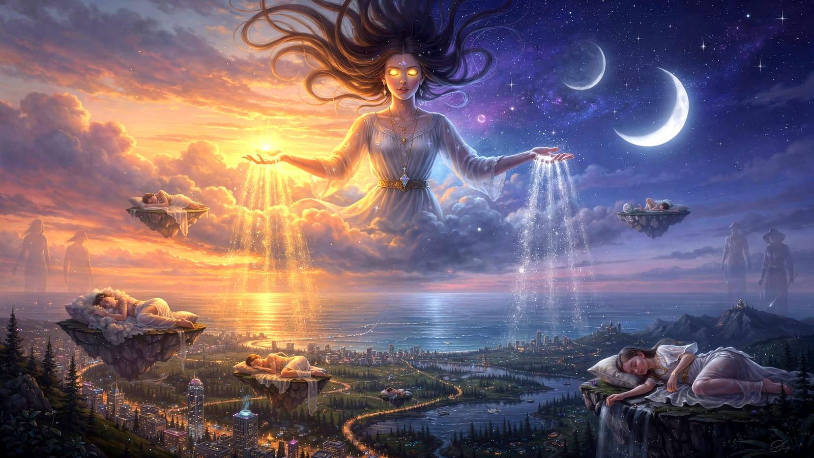 Mystical Figure Commanding Light and Darkness