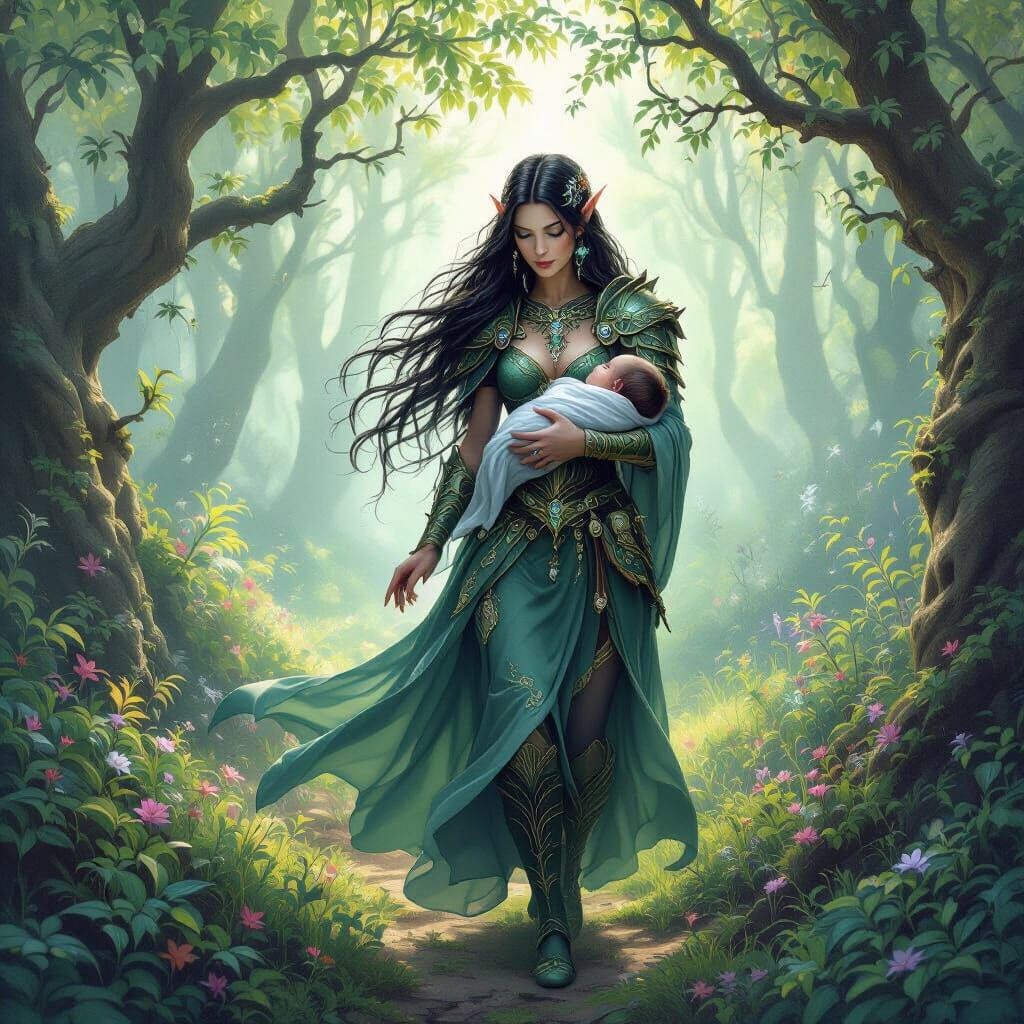 Elf Mother and Baby in Magical Forest, Warm Oil Painting Sty...