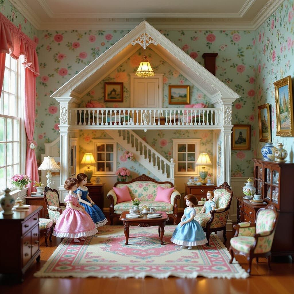 Intricately Detailed Dollhouse in Animated Style