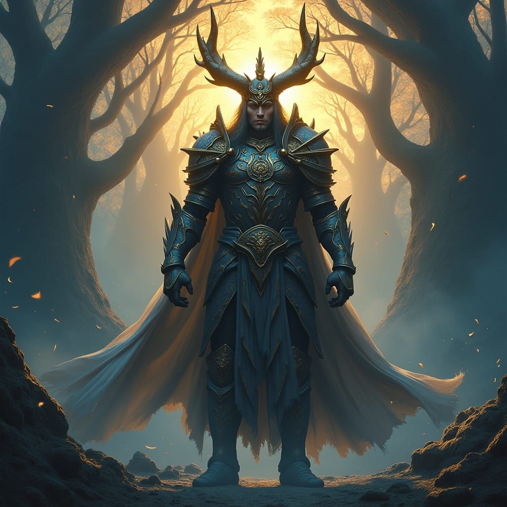 Warrior God of Forgiveness in High-Fantasy Landscape