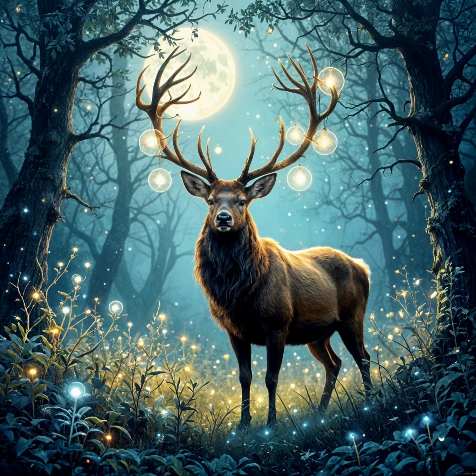 Majestic Stag in Enchanted Forest Under Ethereal Moonlight
