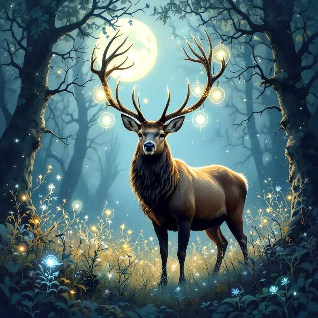 Majestic Stag in Enchanted Forest Under Ethereal Moonlight