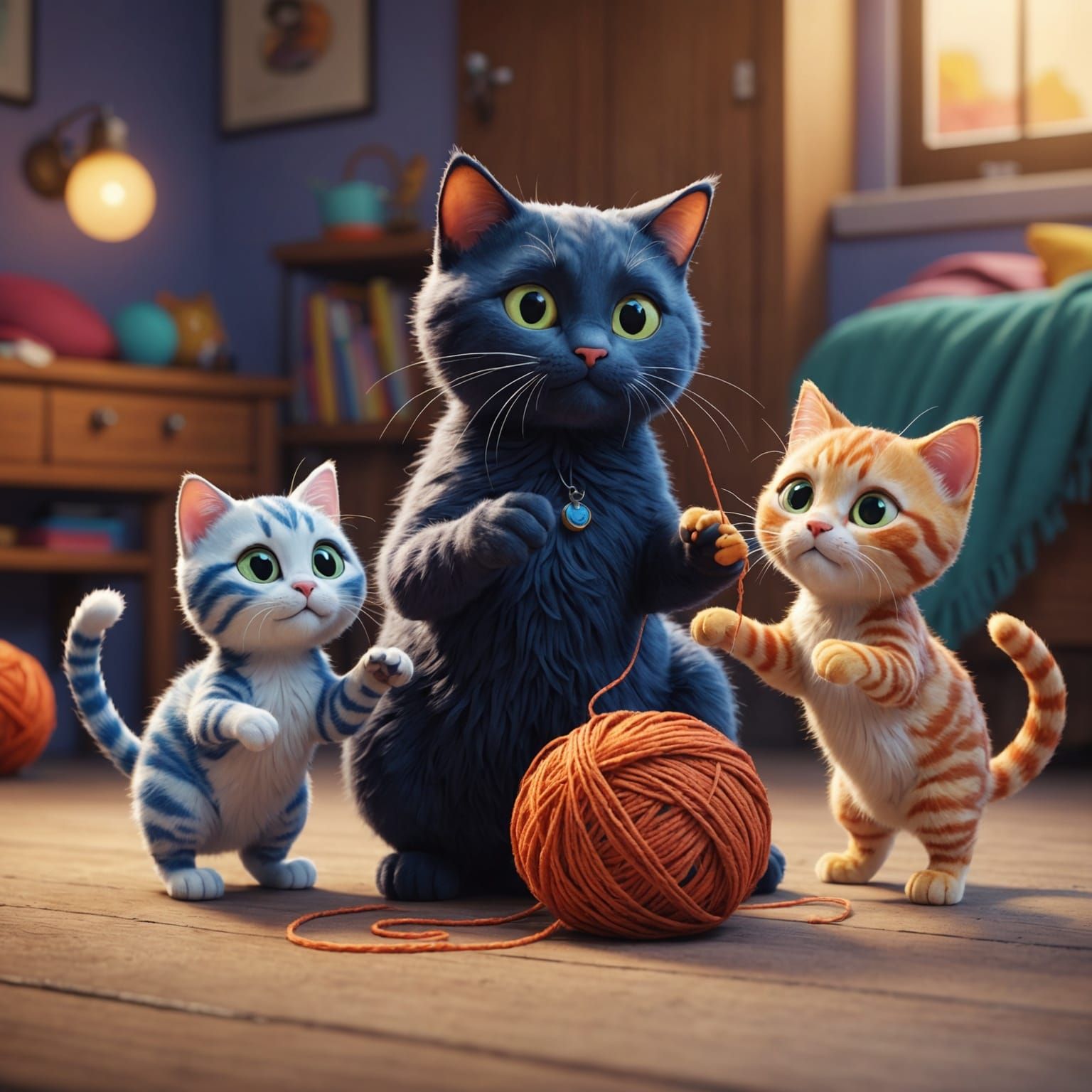 Cats Playing with Yarn in Pixar Style