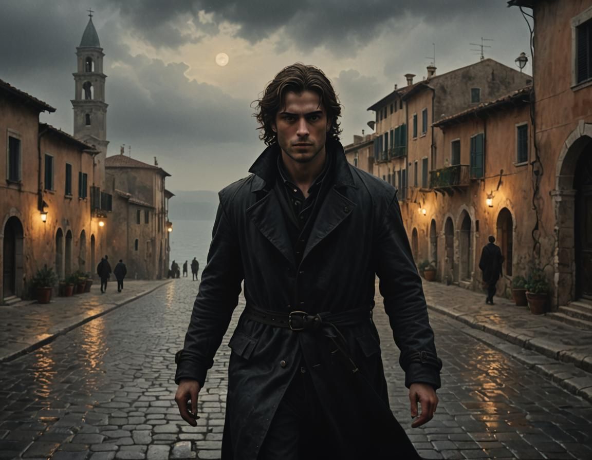Dark Fantasy Male Portrait in Italian Town, Cinematic Style