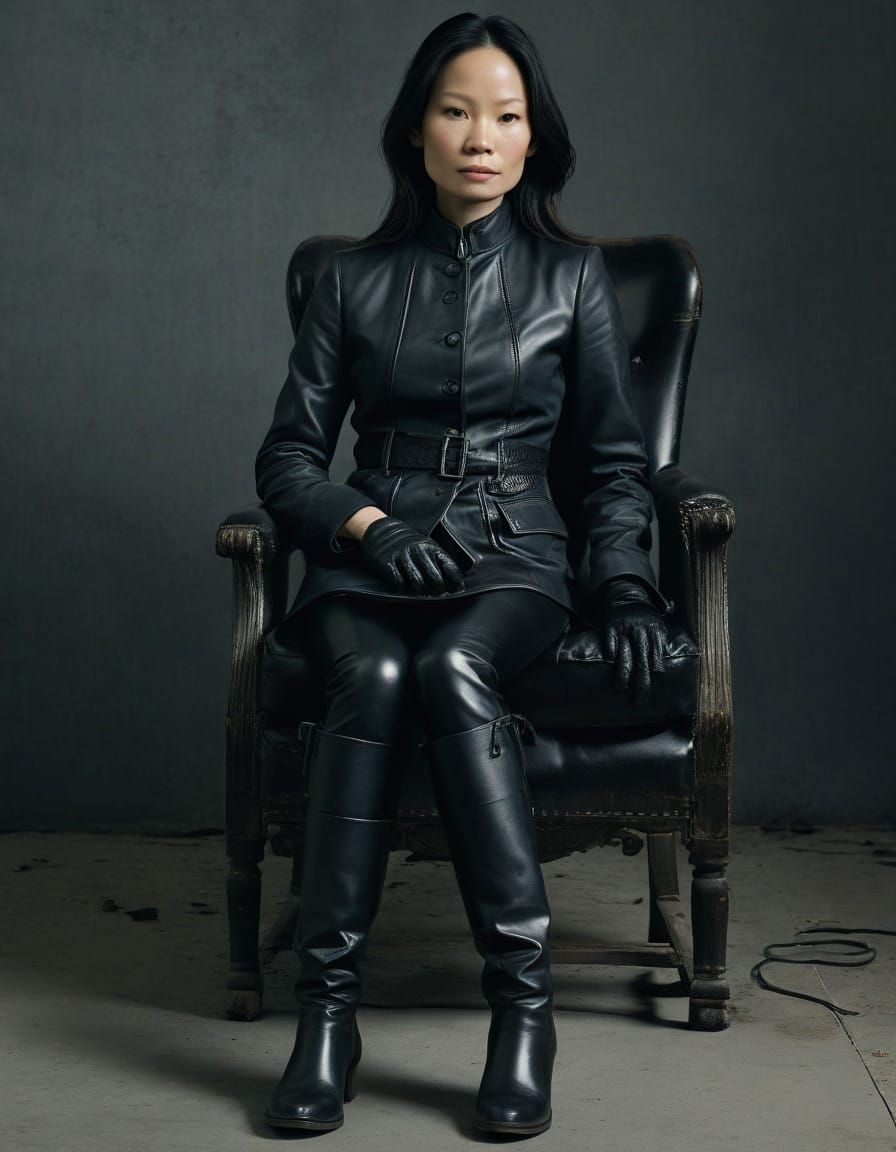 Lucy Liu, arrogant,  rider, amazon, black jacket, black silk blouse, black leggings, riding boots, whip, black leather g...