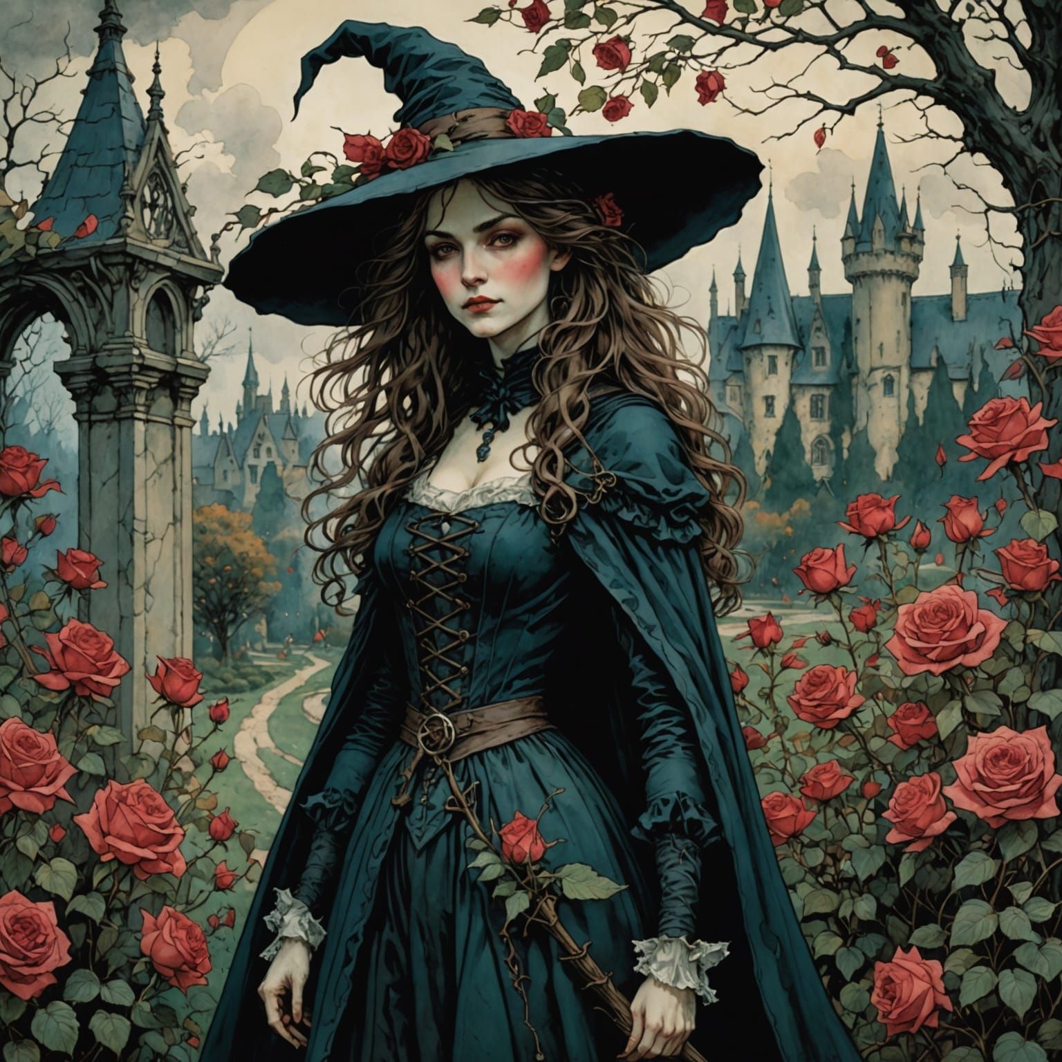 Enchanting Witch in Vibrant Rose Garden