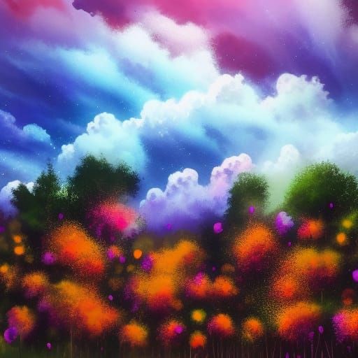 Dramatic Cloudy Sky with Stars in Graffiti Art Style