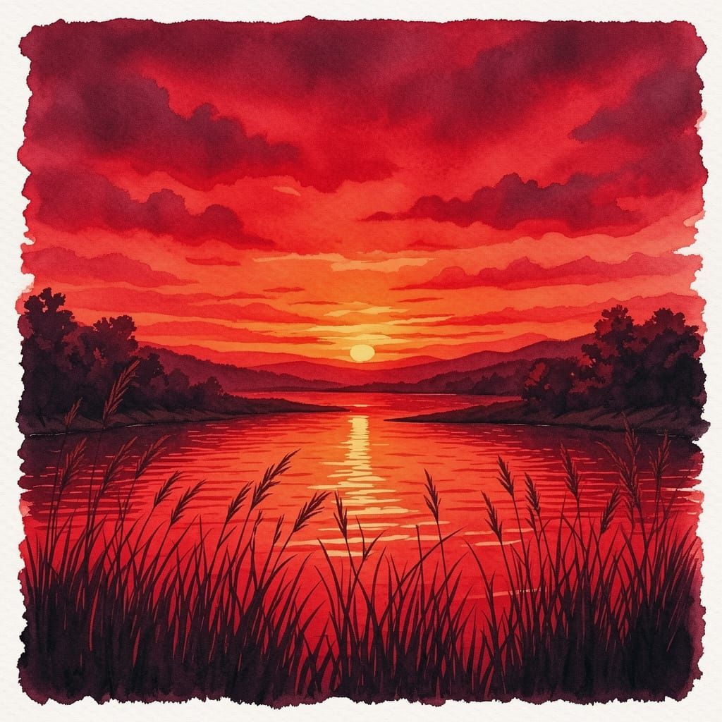 Rosy Red Sunset Over Willow Lake in Watercolour