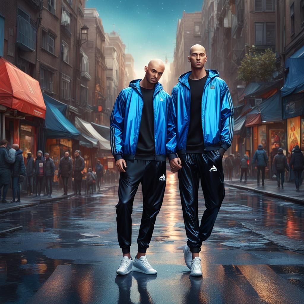 Two Men in Shiny Outfits Holding Hands