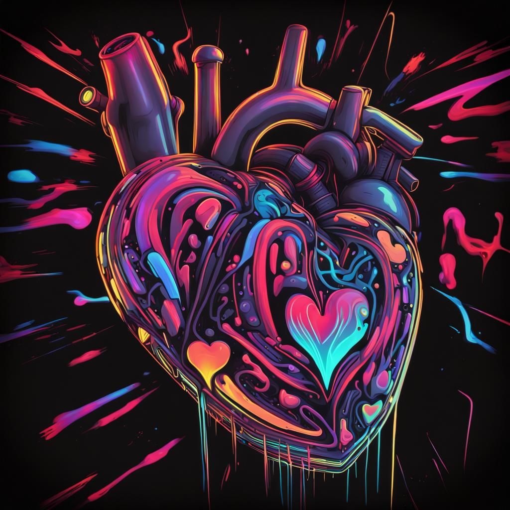 Neon Heart with Psychedelic Lasers in Graffiti Style