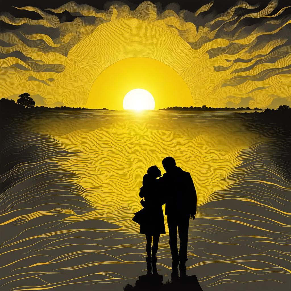 Lovers Embrace Silhouetted Against a Giant Sun