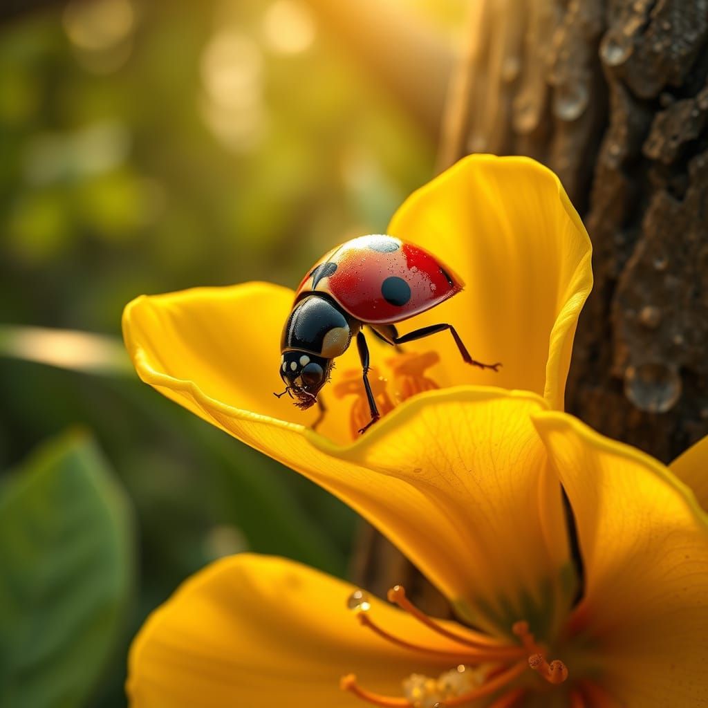 Glossy Ladybird Drinks from Delicate Yellow Flower in Warm S...