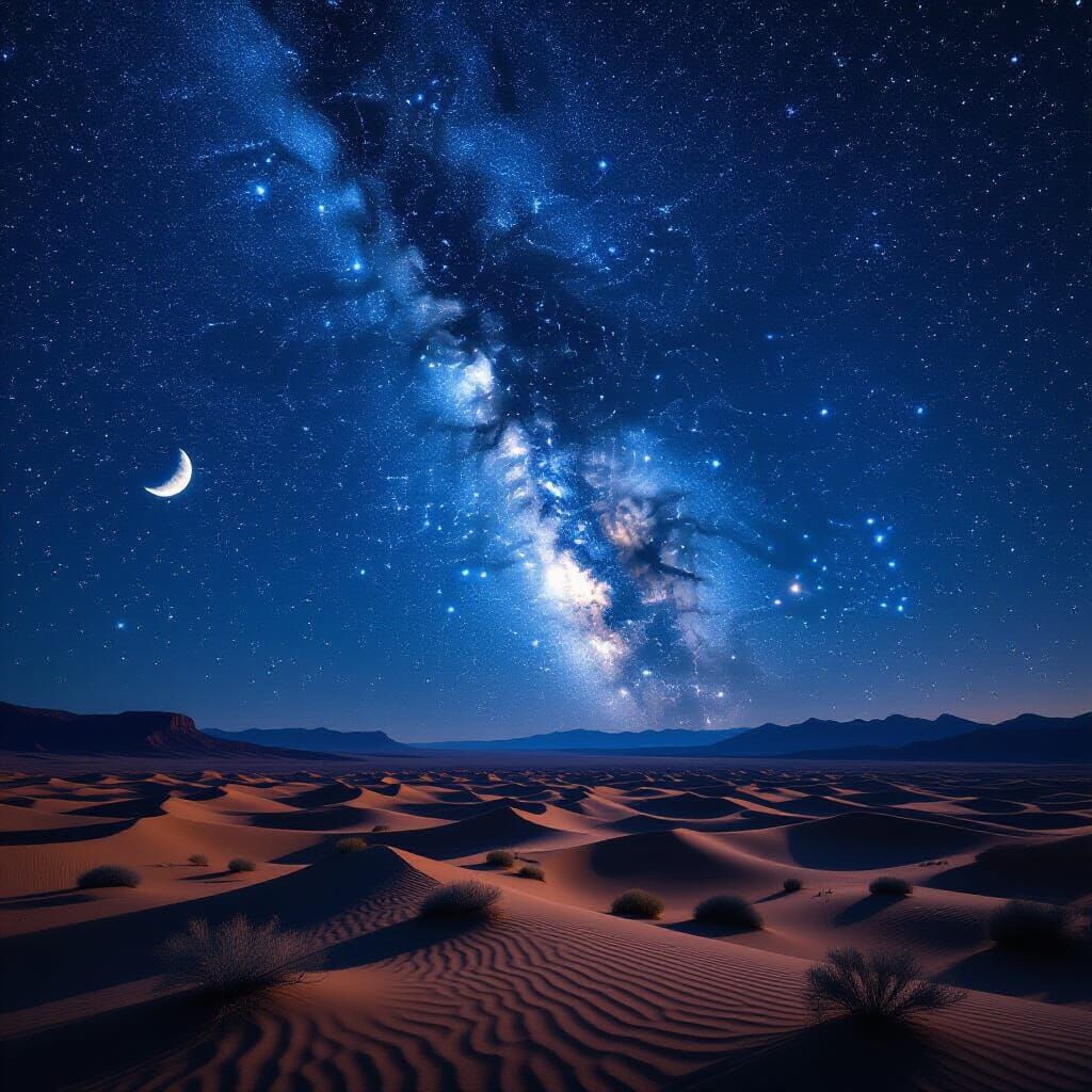Milky Way Over Desert Landscape with Crescent Moon