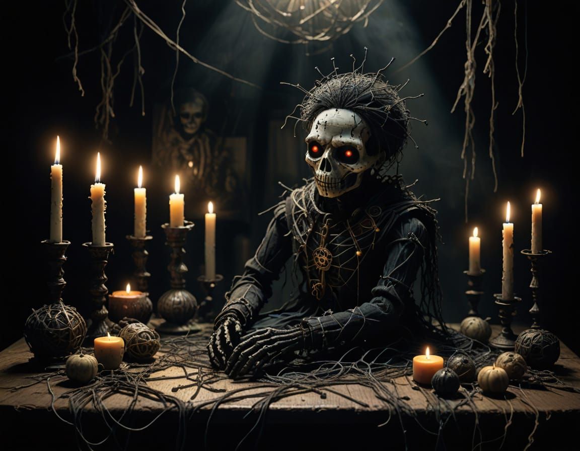 Dark Voodoo Doll on Ornate Table in Cryptopunk Style