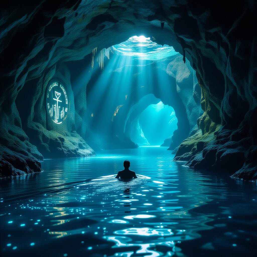Swimmer in Bioluminescent Cavern with Ancient Symbols