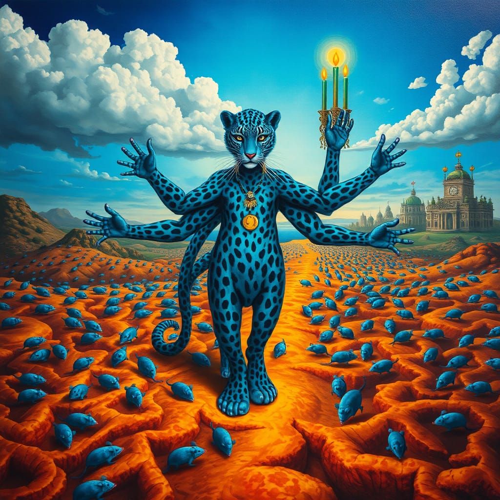 Surreal Blue Leopard Woman in Dreamlike Landscape