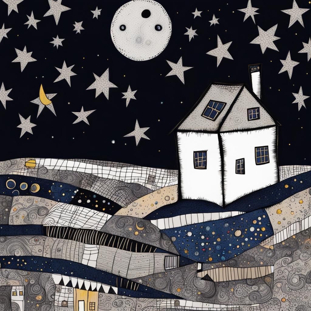 Moon House Under Starry Sky in Art Brut Style