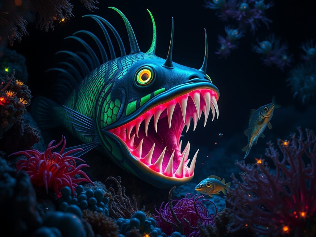 Deep Sea Angler Fish Lurks with a Deadly Trap amidst Vibrant...