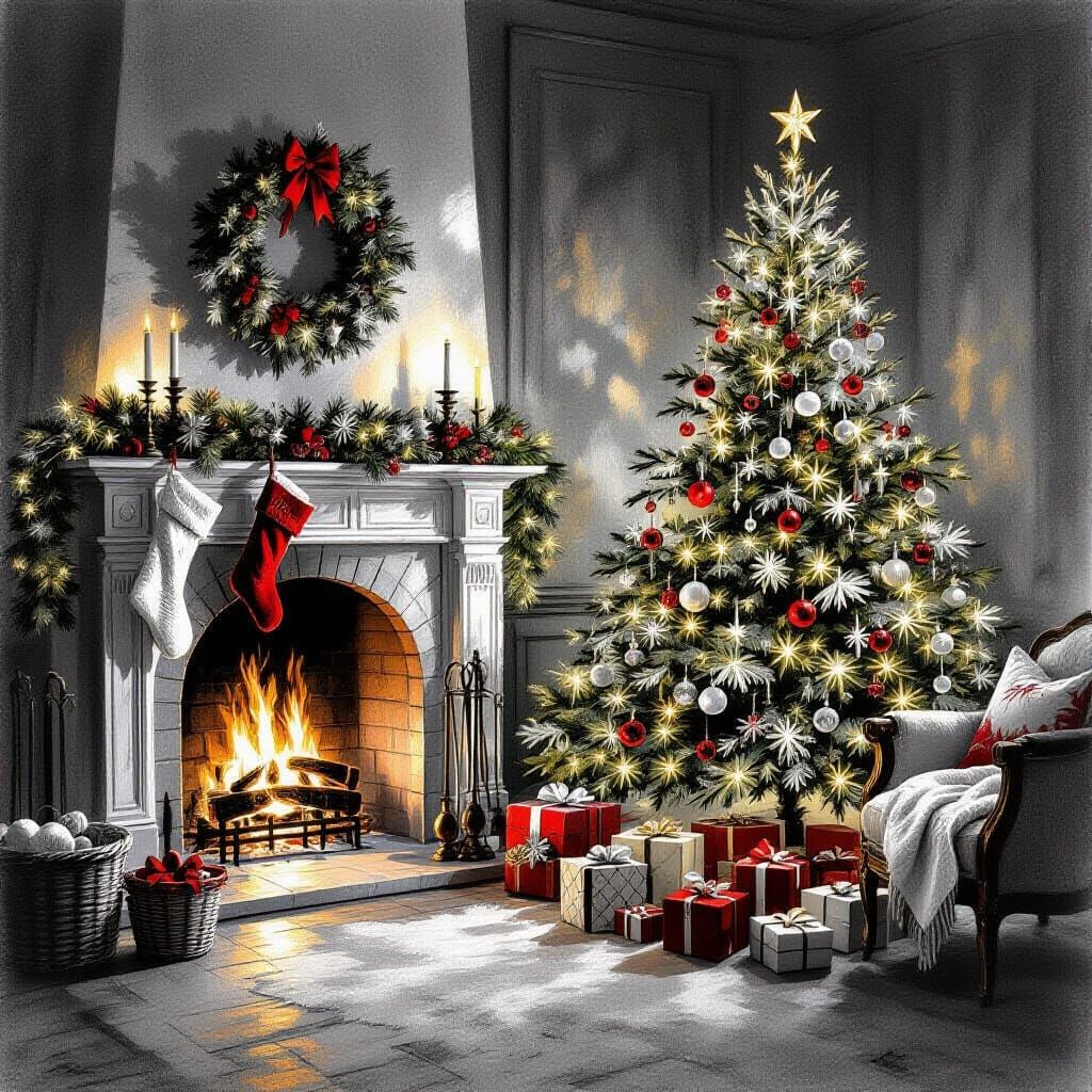 Vintage Christmas Scene in Charcoal Drawing Style