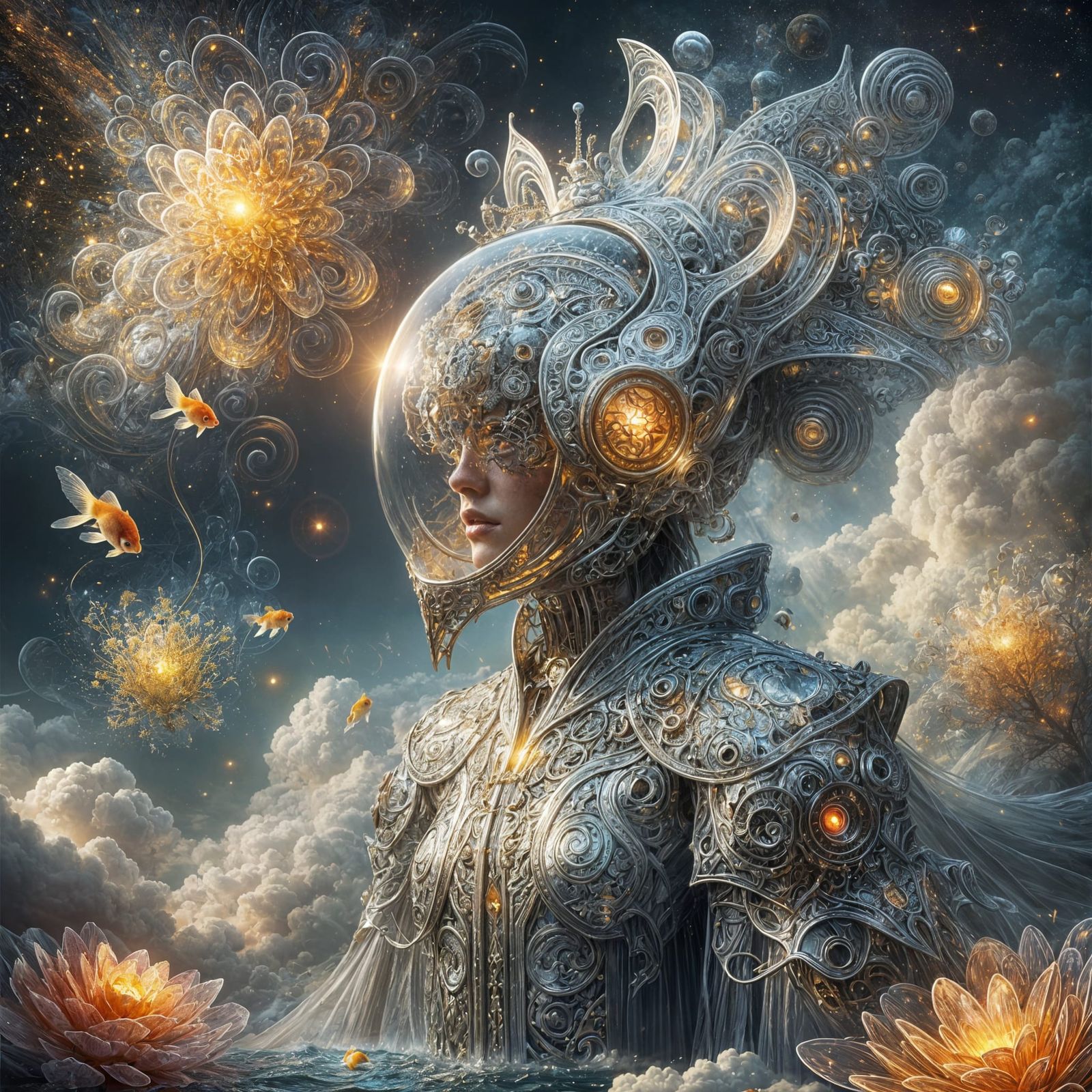 Luminescent Glass Armor in Ethereal Sci-Fi World