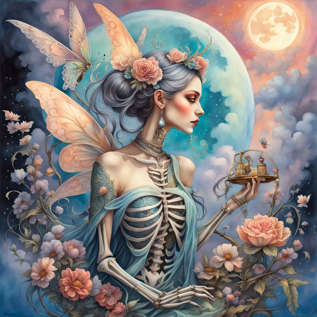 Skeleton Fairy and Fairy Moon in Watercolor Style