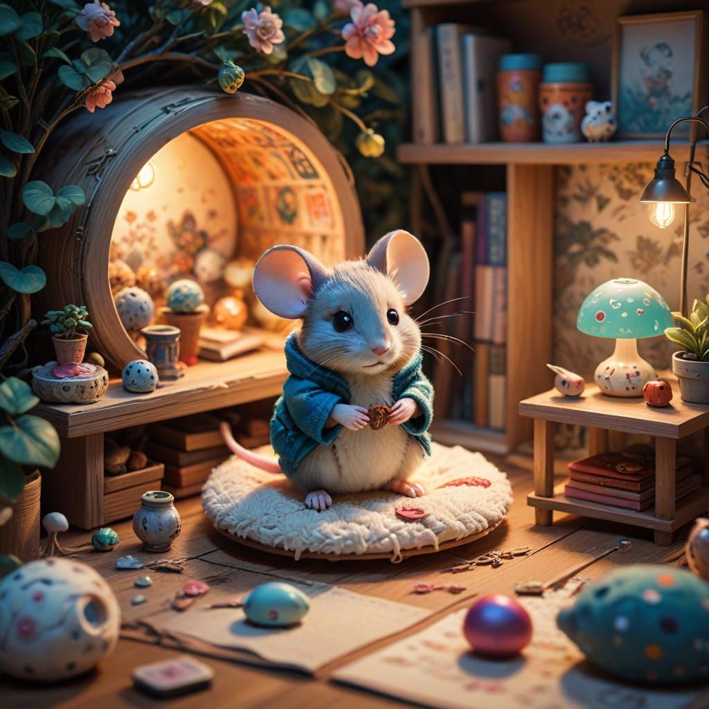 Mouse in Whimsical Cozy Burrow in Flat Manga Style