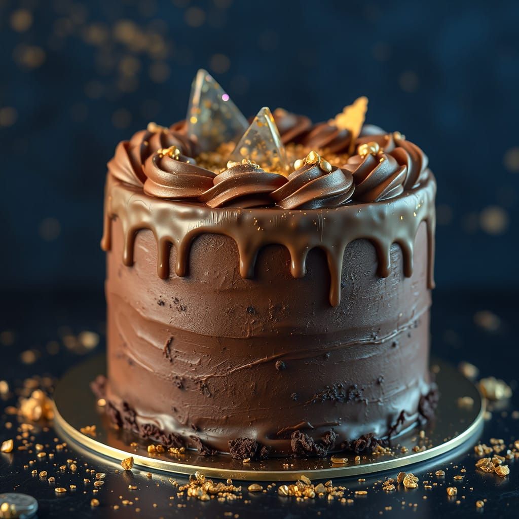 Golden Chocolate Cake in Dreamlike Industrial Landscape