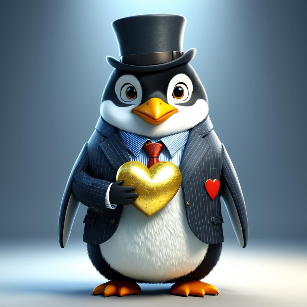 Cartoon Penguin Banker with Golden Heart