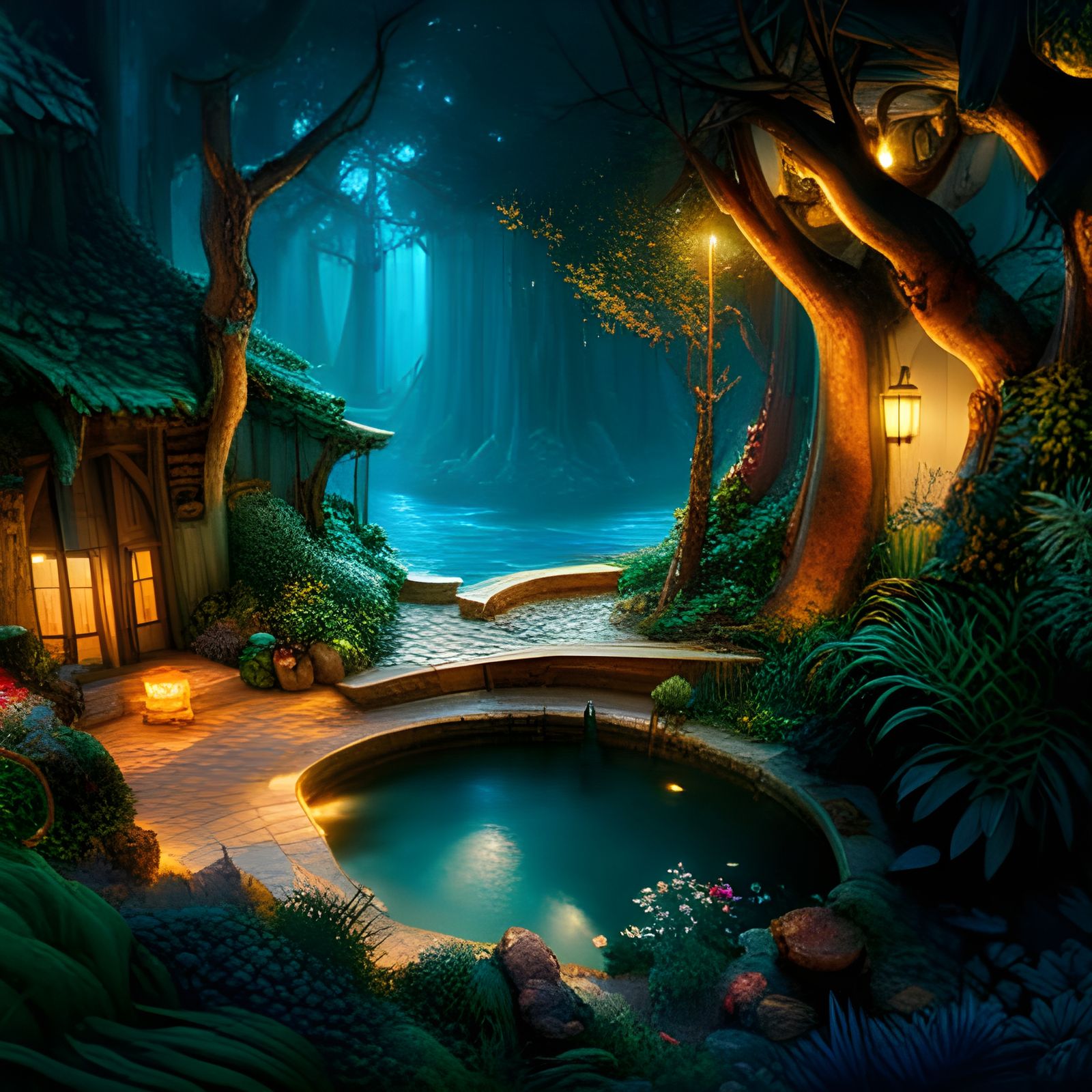 Enchanted Hobbit Pool in Twinkling Forest, Digital Photograp...
