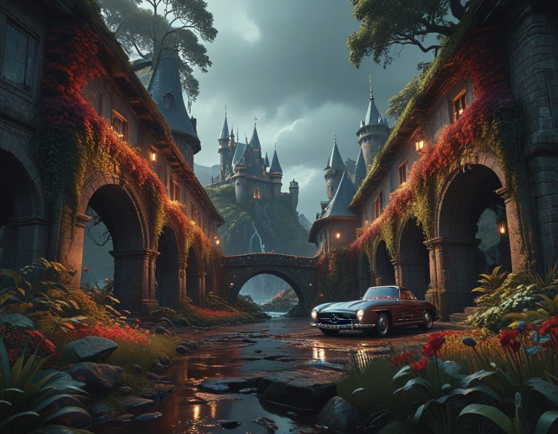 Mystical Castle Amidst Vibrant Floral Shores, Vintage Merced...