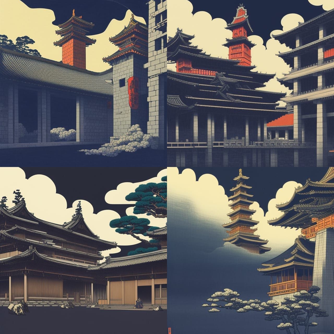 Ancient Building in Cloudy Weather: Japanese Woodcut Style