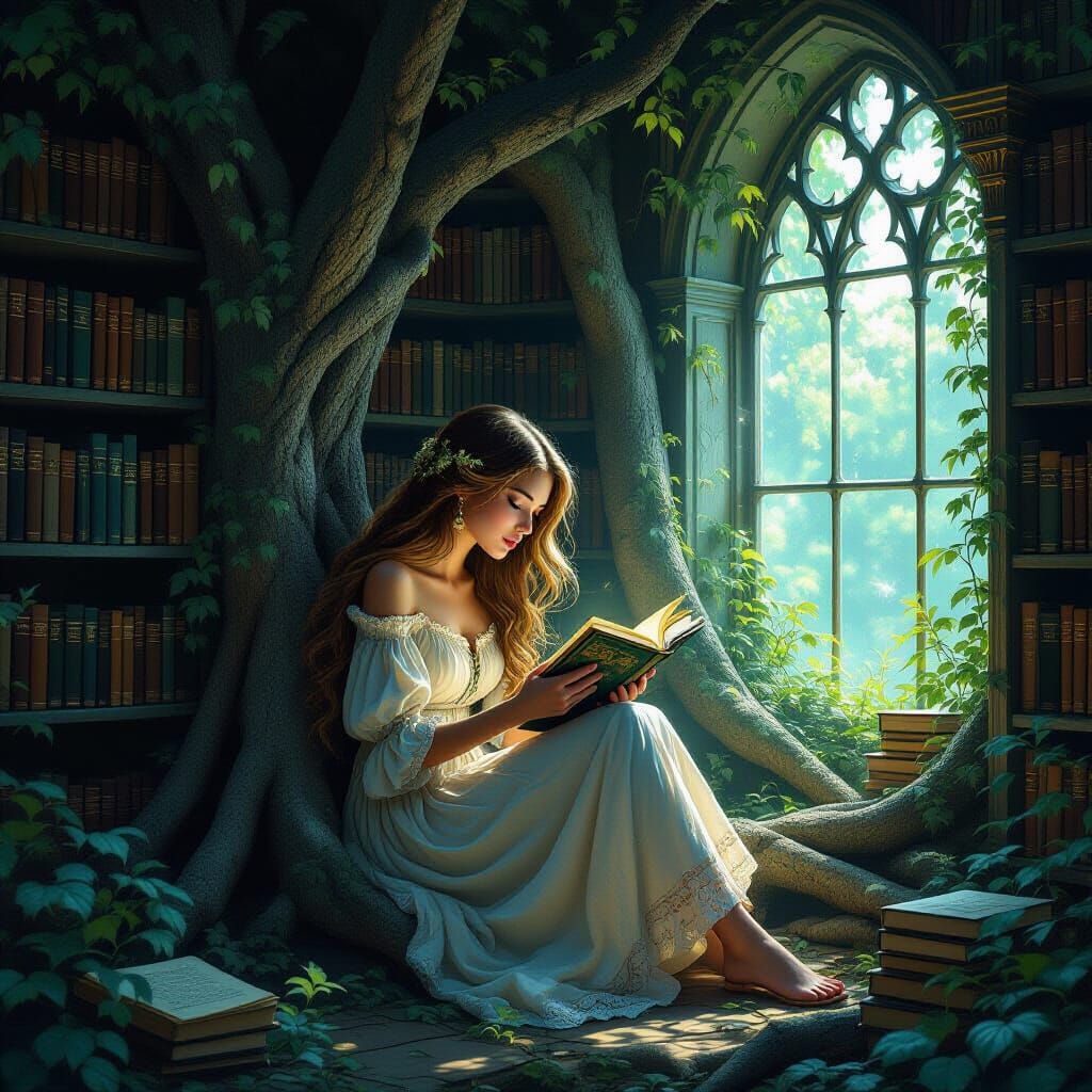 Enchanted Tree Root Library, Art Nouveau Style