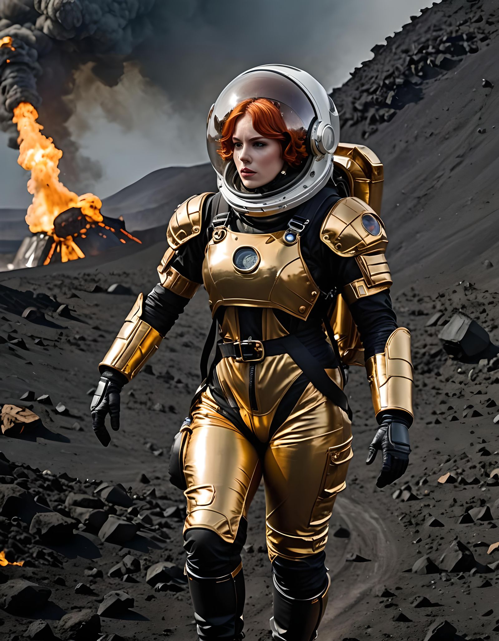 Redhead Astronaut Exploring Volcanic World in Gold Spacesuit