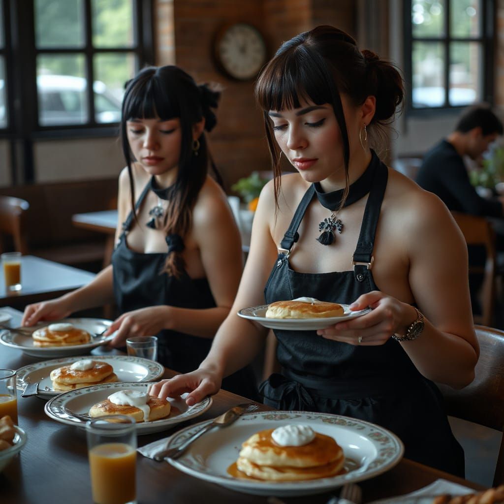 Goth Women Savor Pancakes in a Dark, Moody Cafe