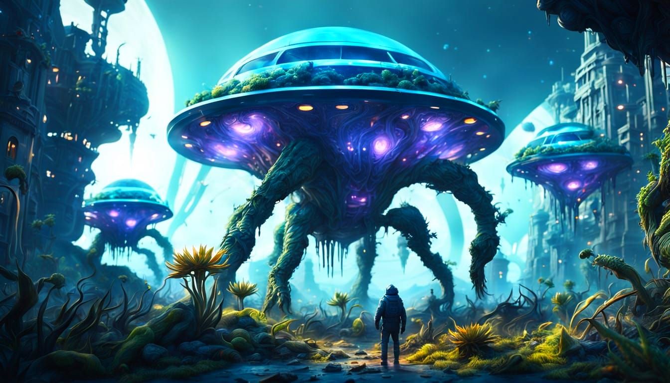 Mysterious Alien Beings Amidst an Otherworldly Cityscape in....