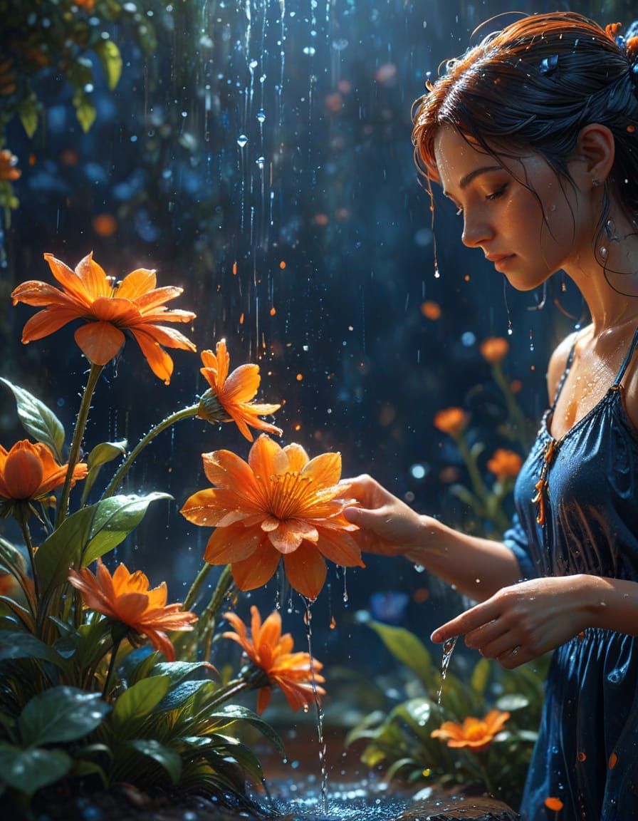 Fantasy Art: Person Watering a Vibrant Flower