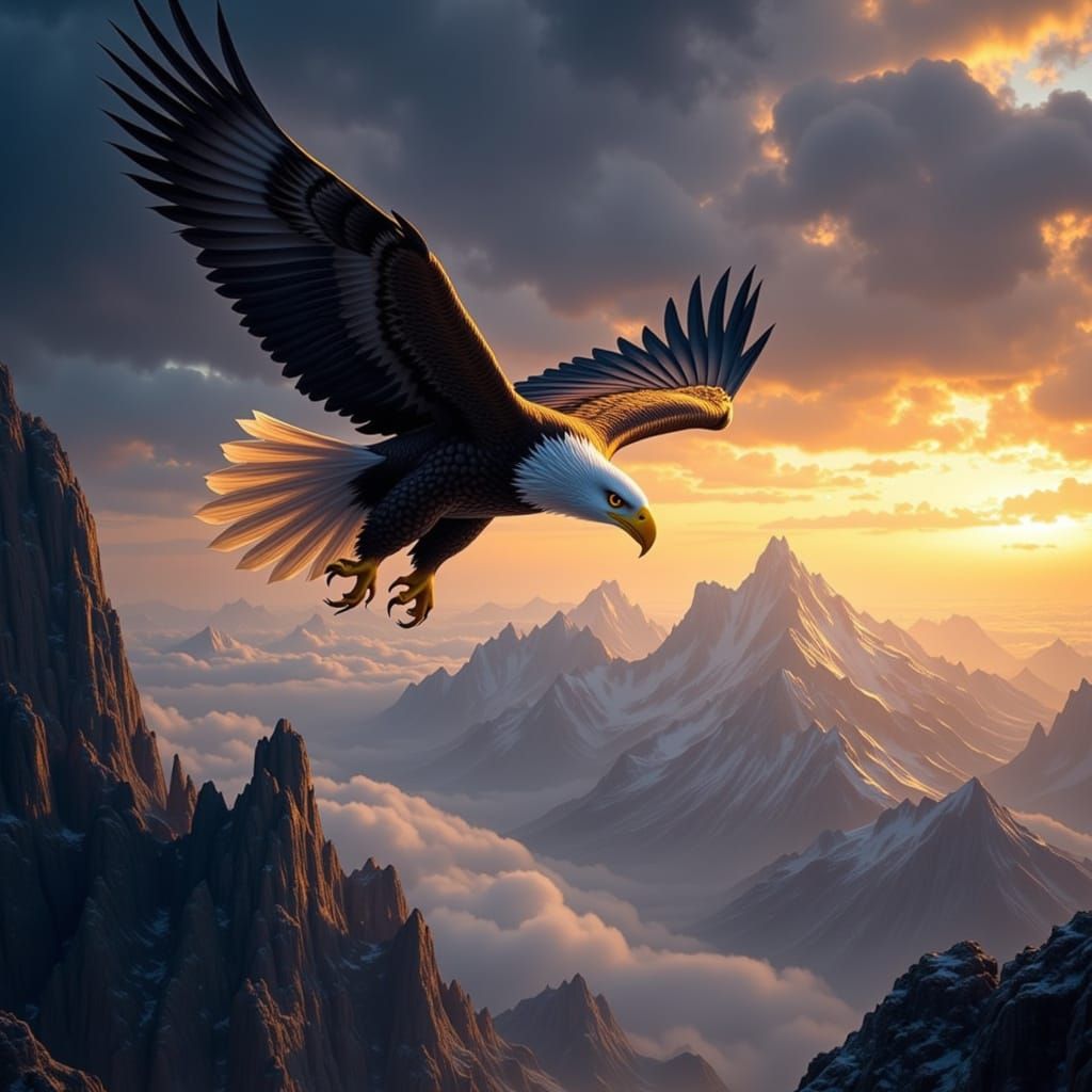 Majestic Bald Eagle Soars Through Stormy Golden Hour Sky
