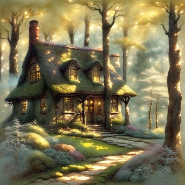Enchanted Forest Cottage in Watercolor Style