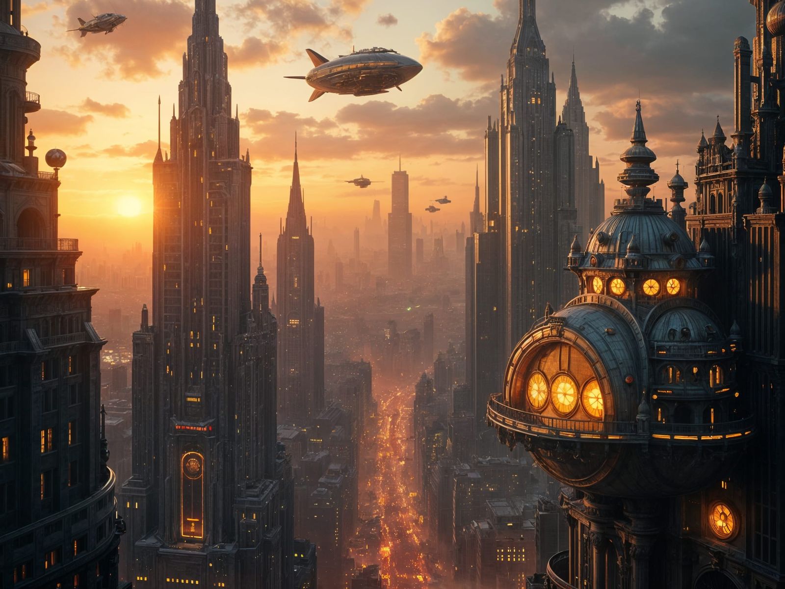 Epic Art Deco Cityscape at Magic Hour with Flying Capsules