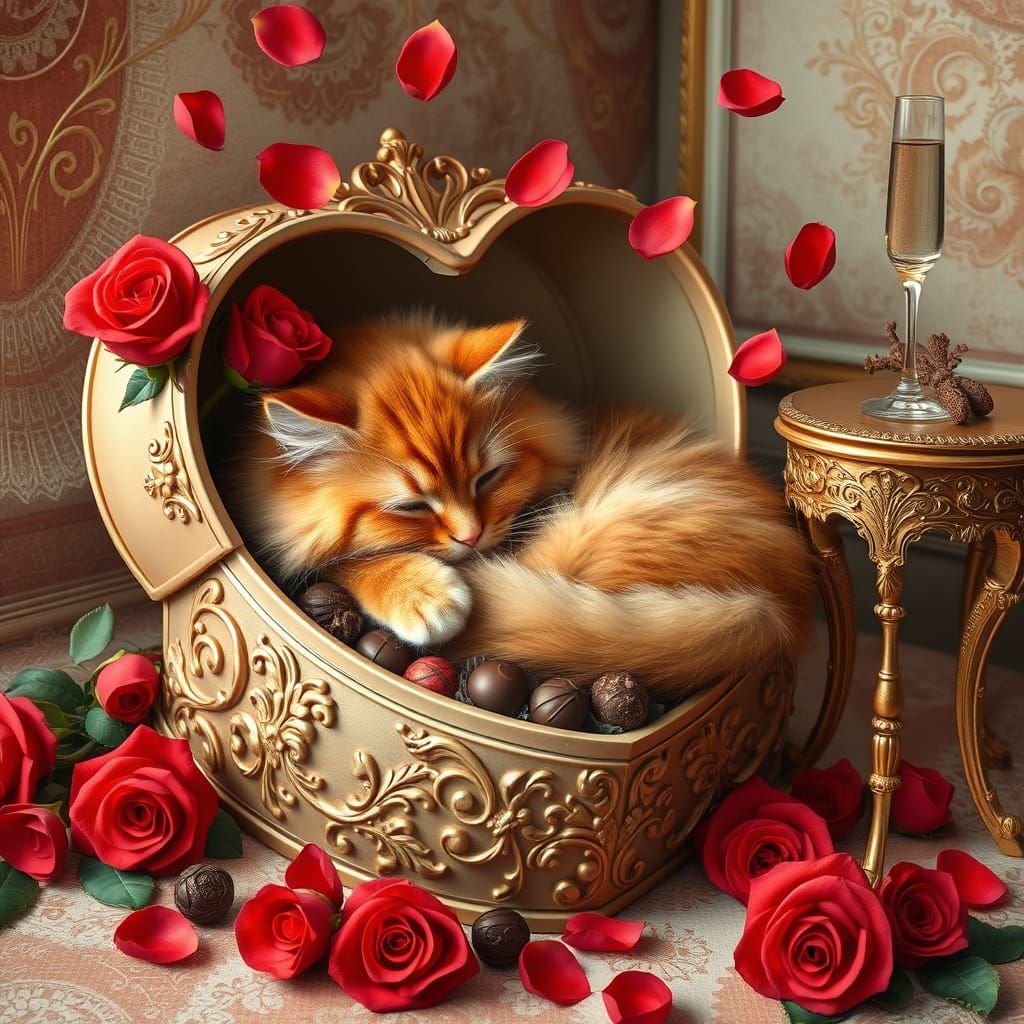 Whimsical Valentine's Day Cat in Opulent, Pastel Setting