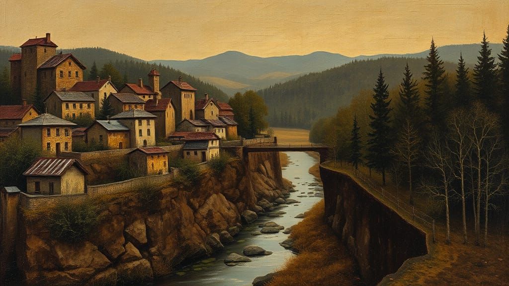 Textured Oil Painting of Houses, Creek, and Forest