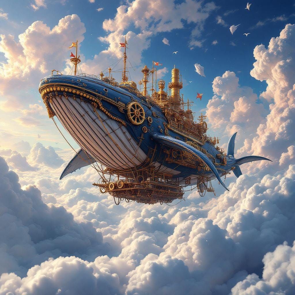 Steampunk Whale Airship Soaring Through Gear Sky